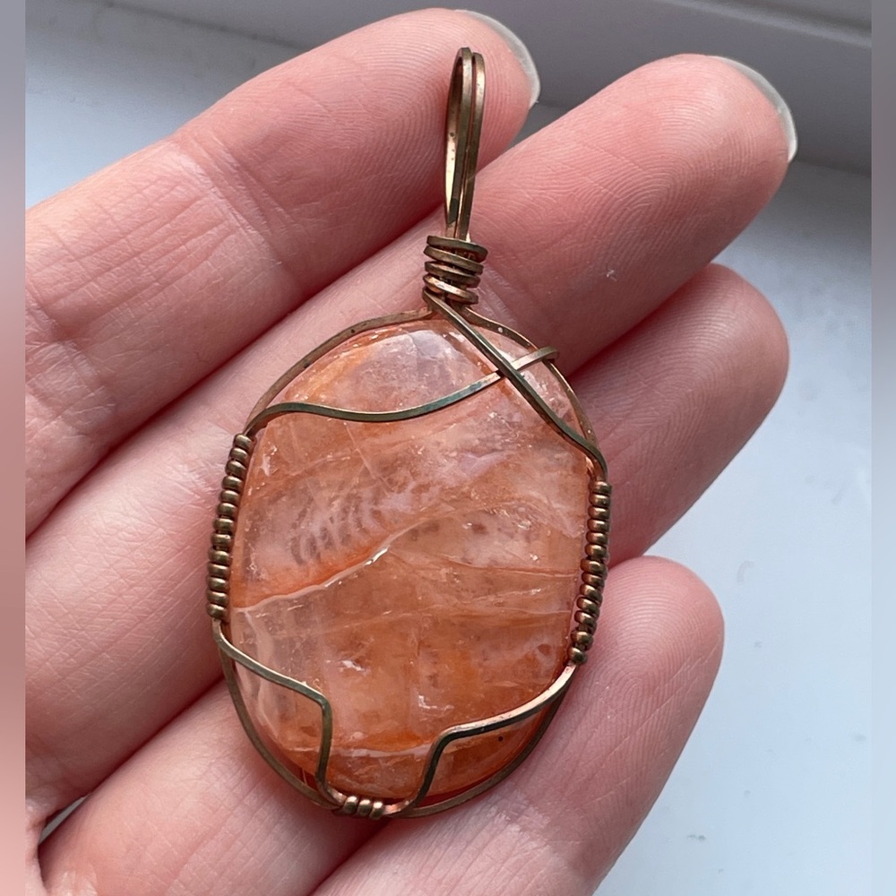 Wire-wrapped Orange Tangerine Elestial Quartz pendant necklace crystal gemstone